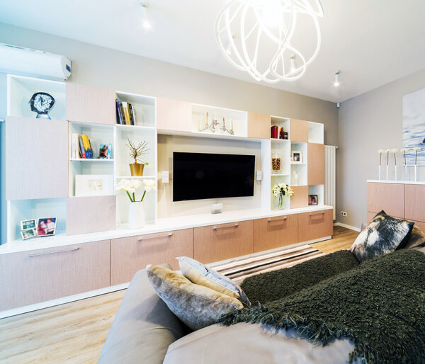 A big Modern living room with TV