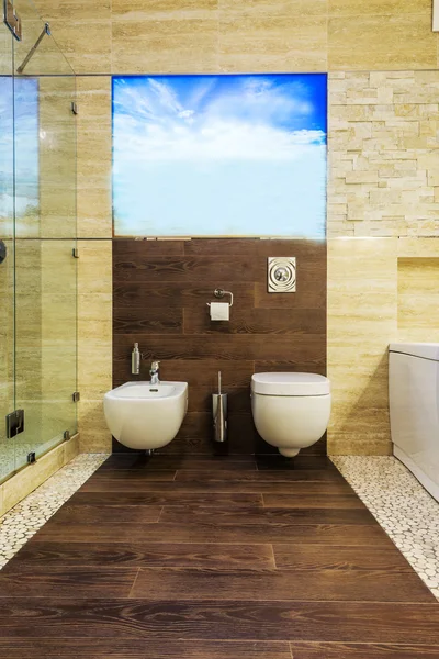 Туалет и биде в бежевой ванной комнате — стоковое фото