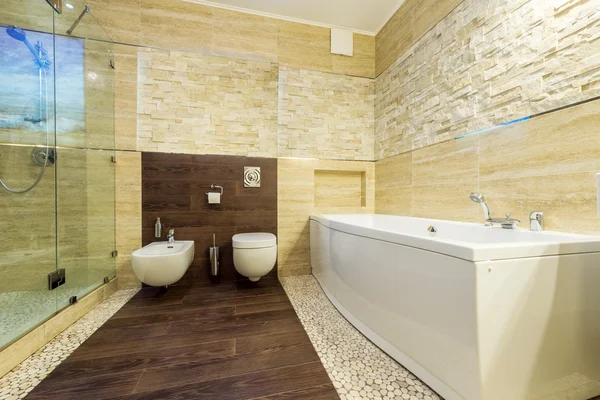 Toilette e bidet nel bagno beige — Foto Stock