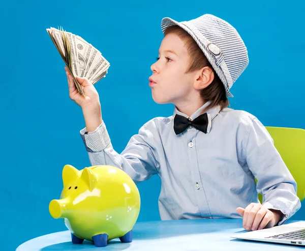 Little businessman counting money — Stock Photo, Image