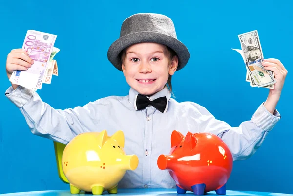 Little businessman counting money — Stock Photo, Image