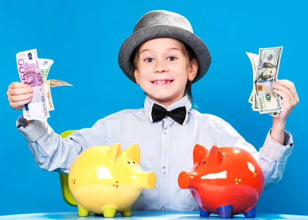 Little businessman counting money — Stock Photo, Image