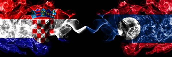 Kroatien Kroatiska Laos Rökiga Mystiska Flaggor Placerade Sida Vid Sida — Stockfoto