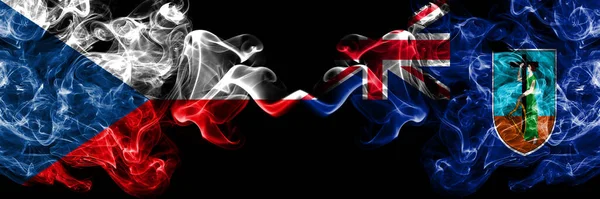 Tschechien Tschechien Gegen Großbritannien Großbritannien Montserrat Raucht Mystische Flaggen Nebeneinander — Stockfoto