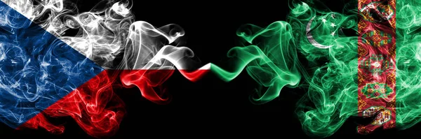 Česká Republika Česká Republika Turkmenistán Kouřové Mystické Vlajky Umístěné Bok — Stock fotografie