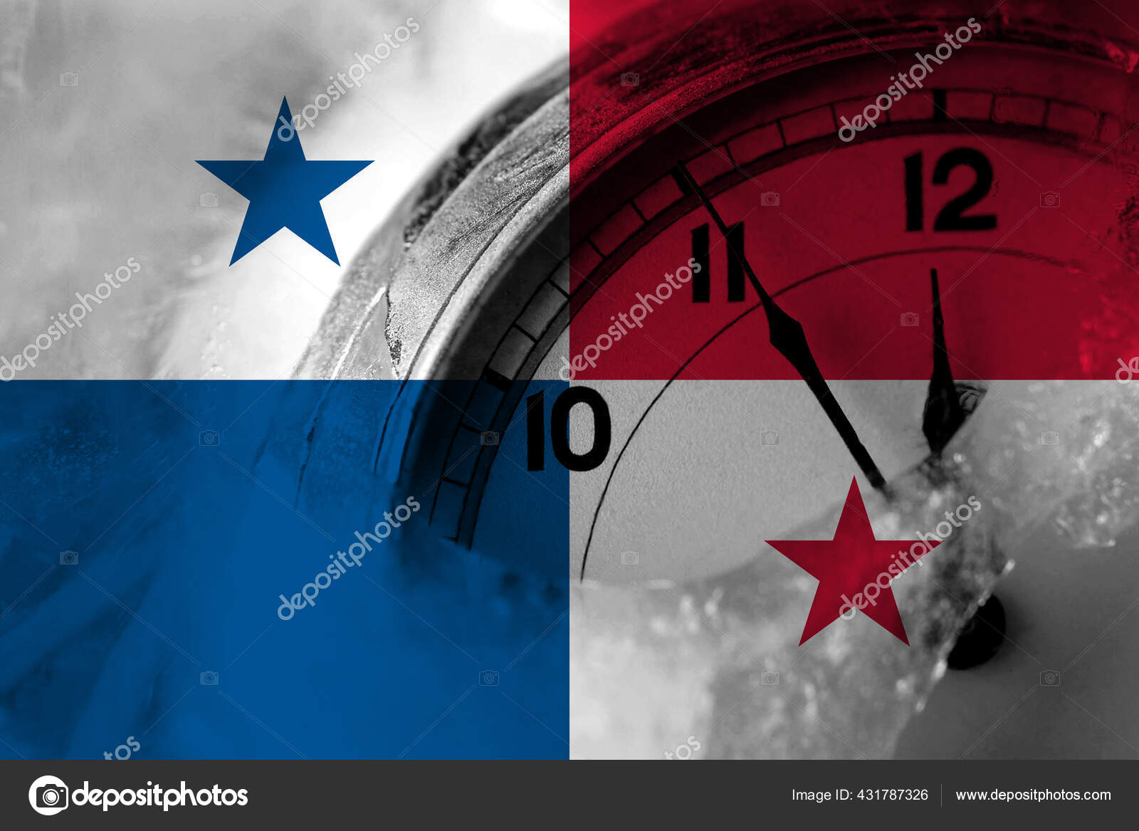 Panama Panamanian Flag Clock Close Midnight Background Happy New Year Stock Photo by ©vladem