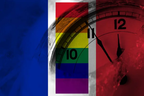 Frankrijk Gay Vlag Met Klok Dicht Bij Middernacht Achtergrond Gelukkig — Stockfoto