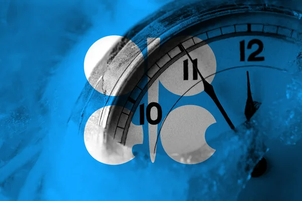 Opec Flag Clock Close Midnight Background Happy New Year Concept — Stock Photo, Image