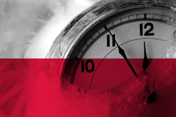 Polonia Polonia Bandera Polaca Con Reloj Cerca Medianoche Fondo Feliz — Foto de Stock