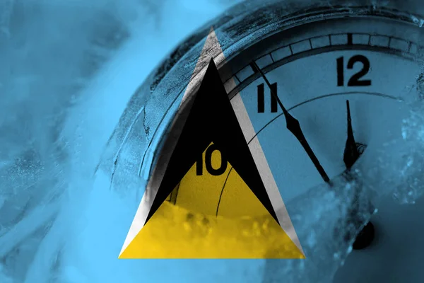 Saint Lucia Flag Clock Close Midnight Background Happy New Year — Stock Photo, Image