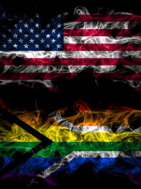 Amerika Birleşik Devletleri, Amerika, ABD, Amerika, Güney Afrika 'ya karşı Amerika, yan yana yerleştirilmiş Afrika, eşcinsel dumanlı mistik bayraklar. Kalın renkli ipeksi soyut duman bayrakları