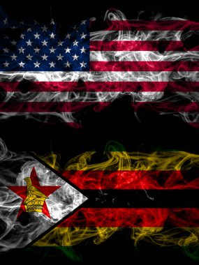 Amerika Birleşik Devletleri, Amerika, ABD, Amerika, Zimbabve 'ye karşı Amerikan, Zimbabve, Zimbo dumanlı mistik bayrakları yan yana yerleştirildi. Kalın renkli ipeksi soyut duman bayrakları