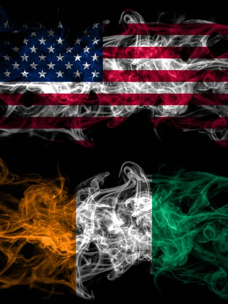 美国对象牙海岸烟熏神秘旗并排放置 浓密的彩色丝状抽象烟旗 — 图库照片