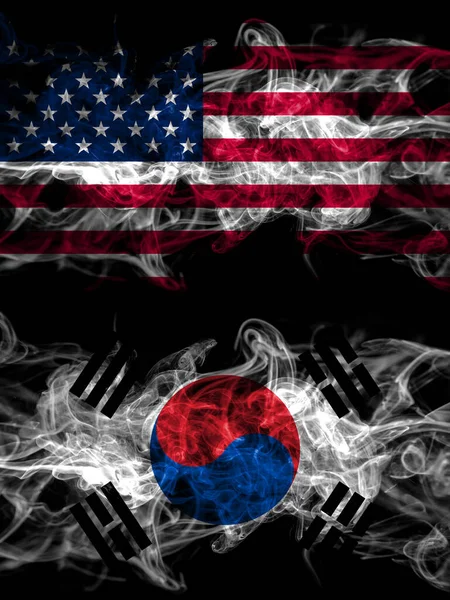 United States of America, America, US, USA, American vs South Korea, Korean smoky mystic flags placed side by side. Thick colored silky abstract smoke flags