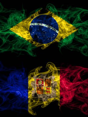 Brezilya, Brezilya Andorra 'ya karşı Andorran dumanlı mistik bayrakları yan yana yerleştirildi. Kalın renkli ipeksi soyut duman bayrakları.