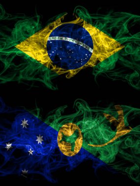 Brezilya, Brezilya Avustralya 'ya karşı, Avustralya, Noel Adası dumanlı mistik bayrakları yan yana yerleştirildi. Kalın renkli ipeksi soyut duman bayrakları.