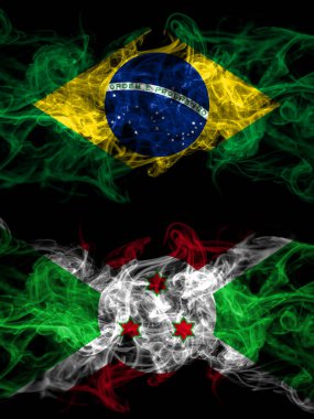 Brezilya, Brezilya, Burundi 'ye karşı Burundian dumanlı mistik bayrakları yan yana yerleştirildi. Kalın renkli ipeksi soyut duman bayrakları.