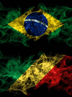 Brezilya, Brezilya Kongo 'ya karşı, Kongo' nun dumanlı mistik bayrakları yan yana. Kalın renkli ipeksi soyut duman bayrakları.