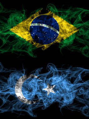 Brezilya, Brezilya - Doğu Türkistan, Uygurlar, yan yana yerleştirilmiş Uygurca dumanlı mistik bayraklar. Kalın renkli ipeksi soyut duman bayrakları.