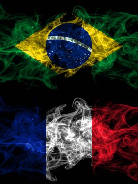 Brezilya, Brezilya Fransa 'ya karşı, Fransız dumanlı mistik bayrakları yan yana. Kalın renkli ipeksi soyut duman bayrakları.