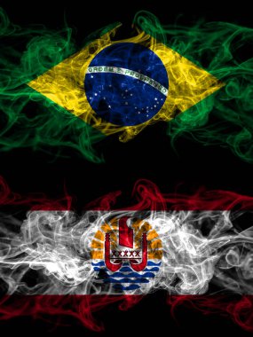 Brezilya, Brezilya Fransa 'ya karşı, Fransız Polinezyası dumanlı mistik bayrakları yan yana yerleştirildi. Kalın renkli ipeksi soyut duman bayrakları.