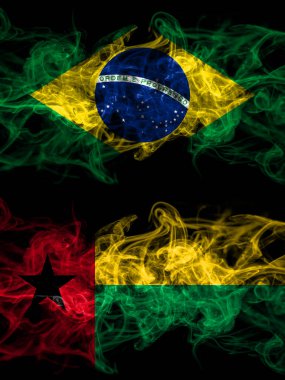 Brezilya, Brezilya, Gine Bissau 'ya karşı yan yana yerleştirilmiş gizemli bayraklar. Kalın renkli ipeksi soyut duman bayrakları.