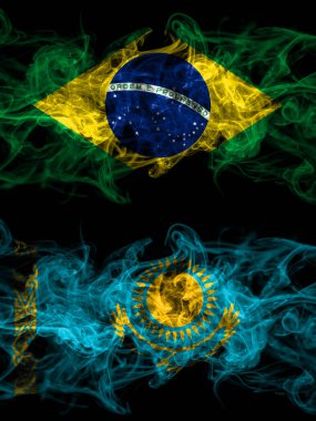 Brezilya, Brezilya Kazakistan 'a karşı, Kazakistan yan yana yerleştirilmiş dumanlı mistik bayraklar. Kalın renkli ipeksi soyut duman bayrakları.