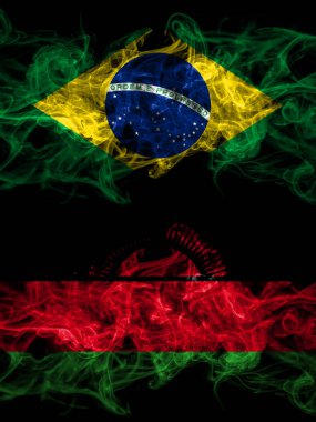 Brezilya, Brezilya Malawi 'ye karşı yan yana yerleştirilmiş gizemli bayraklar. Kalın renkli ipeksi soyut duman bayrakları.