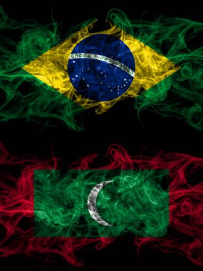 Brezilya, Brezilya Maldivler 'e karşı, Maldivler' in yan yana yerleştirilmiş dumanlı mistik bayrakları. Kalın renkli ipeksi soyut duman bayrakları.