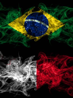 Brezilya, Brezilya Malta 'ya karşı, yan yana yerleştirilmiş Maltese dumanlı mistik bayrakları. Kalın renkli ipeksi soyut duman bayrakları.