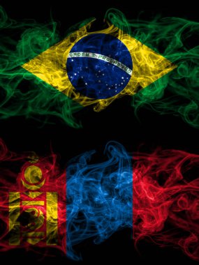 Brazil, Brazilian vs Mongolia, Mongolian smoky mystic flags placed side by side. Thick colored silky abstract smoke flags.