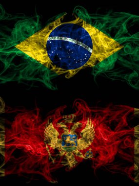 Brazil, Brazilian vs Montenegro, Montenegrin smoky mystic flags placed side by side. Thick colored silky abstract smoke flags.