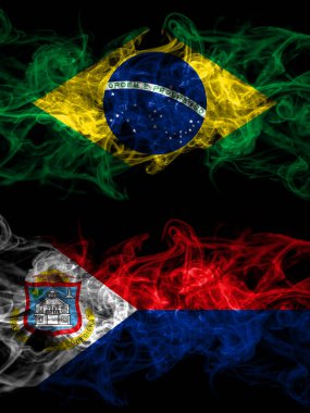 Brazil, Brazilian vs Netherlands, Dutch, Holland, Sint Maarten smoky mystic flags placed side by side. Thick colored silky abstract smoke flags.