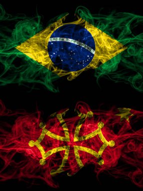 Brazil, Brazilian vs Occitania smoky mystic flags placed side by side. Thick colored silky abstract smoke flags.