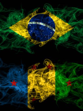 Brazil, Brazilian vs Ogoni people smoky mystic flags placed side by side. Thick colored silky abstract smoke flags.