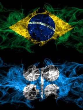 Brazil, Brazilian vs OPEC smoky mystic flags placed side by side. Thick colored silky abstract smoke flags.