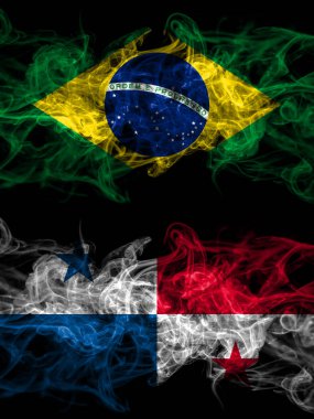 Brazil, Brazilian vs Panama, Panamanian smoky mystic flags placed side by side. Thick colored silky abstract smoke flags.