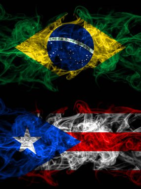 Brazil, Brazilian vs Puerto Rico smoky mystic flags placed side by side. Thick colored silky abstract smoke flags.
