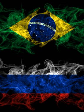 Brazil, Brazilian vs Russia, Russian smoky mystic flags placed side by side. Thick colored silky abstract smoke flags.