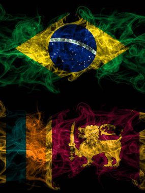 Brezilya, Brezilya, Sri Lanka 'ya karşı yan yana yerleştirilmiş gizemli bayraklar. Kalın renkli ipeksi soyut duman bayrakları.