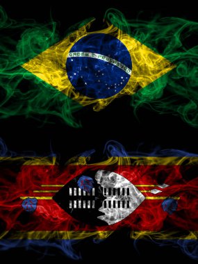 Brezilya, Brezilya, Svaziland 'a karşı yan yana yerleştirilmiş gizemli bayraklar. Kalın renkli ipeksi soyut duman bayrakları.