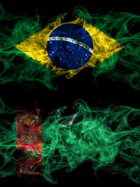 Brezilya, Brezilya Türkmenistan 'a karşı yan yana yerleştirilmiş dumanlı mistik bayraklar. Kalın renkli ipeksi soyut duman bayrakları.
