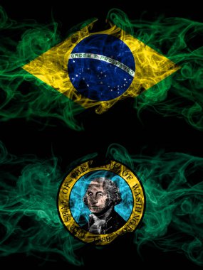 Brezilya, Brezilya, Amerika Birleşik Devletleri, Amerika, ABD, ABD, Amerika, Washington 'a karşı yan yana yerleştirilmiş dumanlı mistik bayraklar. Kalın renkli ipeksi soyut duman bayrakları.