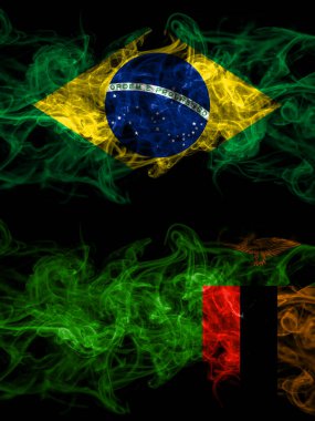 Brezilya, Brezilya Zambiya 'ya karşı, Zambiya dumanlı mistik bayrakları yan yana yerleştirildi. Kalın renkli ipeksi soyut duman bayrakları.