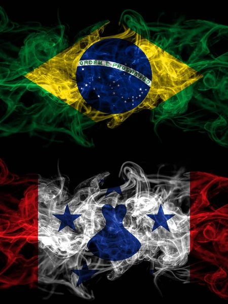 Бразилия Бразилия Против Австралийских Островов Дымящиеся Мистические Флаги Размещенные Бок — стоковое фото