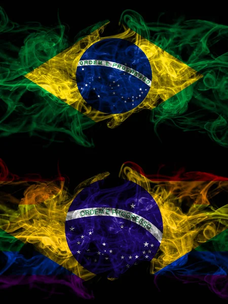 Brezilya, Brezilya, Brezilya, Brezilya yan yana yerleştirilmiş eşcinsel dumanlı mistik bayraklar. Kalın renkli ipeksi soyut duman bayrakları.