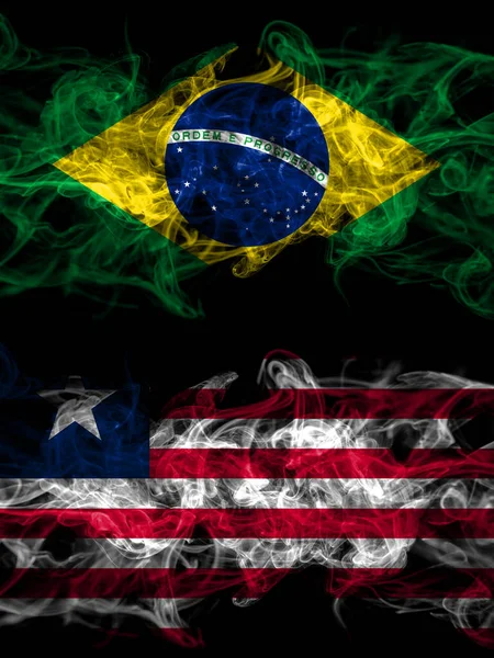 Brazil Brazilian Liberia Smoky Mystic Flags Placed Side Side Thick — Stock Photo, Image