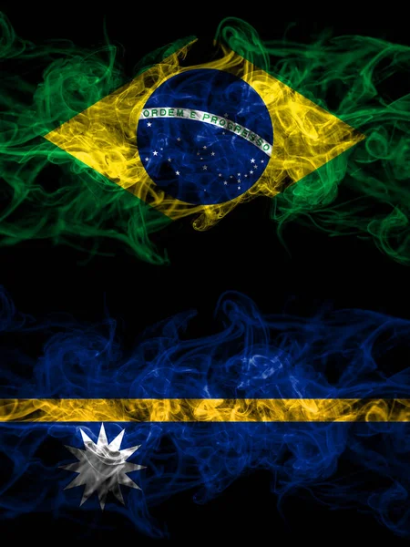 Brazil Brazilian Nauru Nauruan Smoky Mystic Flags Placed Side Side —  Fotos de Stock