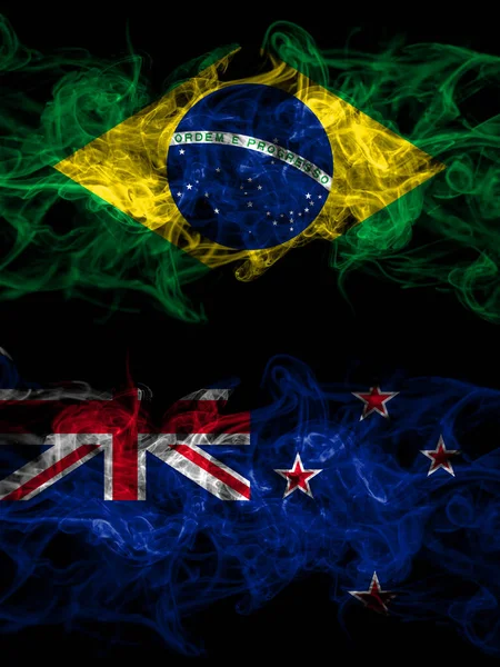 Brazil Brazilian New Zealand Kiwi Smoky Mystic Flags Placed Side — Stock Photo, Image