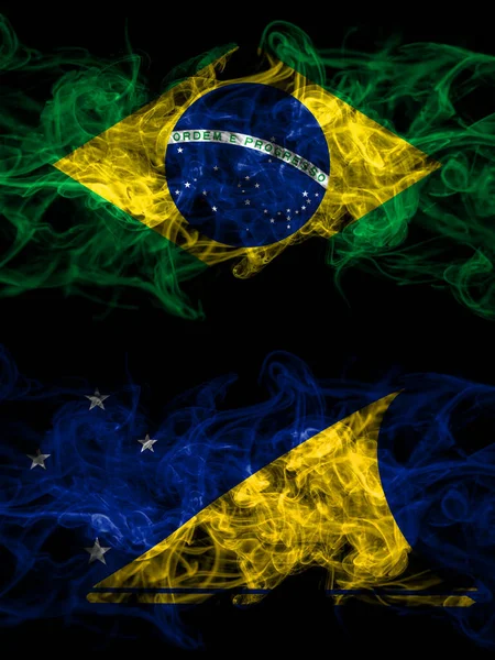 Brazil Brazilian New Zealand Tokelau Smoky Mystic Flags Placed Side — Φωτογραφία Αρχείου